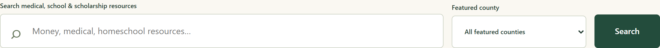 Preview of the resource search bar with a county selector and Search button.